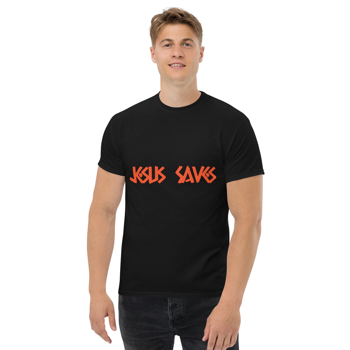 Men's Classic Tee: "Jesus Saves" in Orange print Caessar Dressing Font