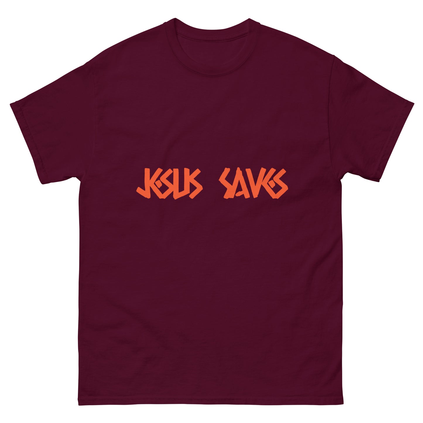 Men's Classic Tee: "Jesus Saves" in Orange print Caessar Dressing Font