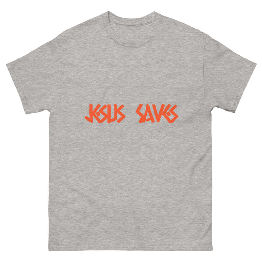 Men's Classic Tee: "Jesus Saves" in Orange print Caessar Dressing Font