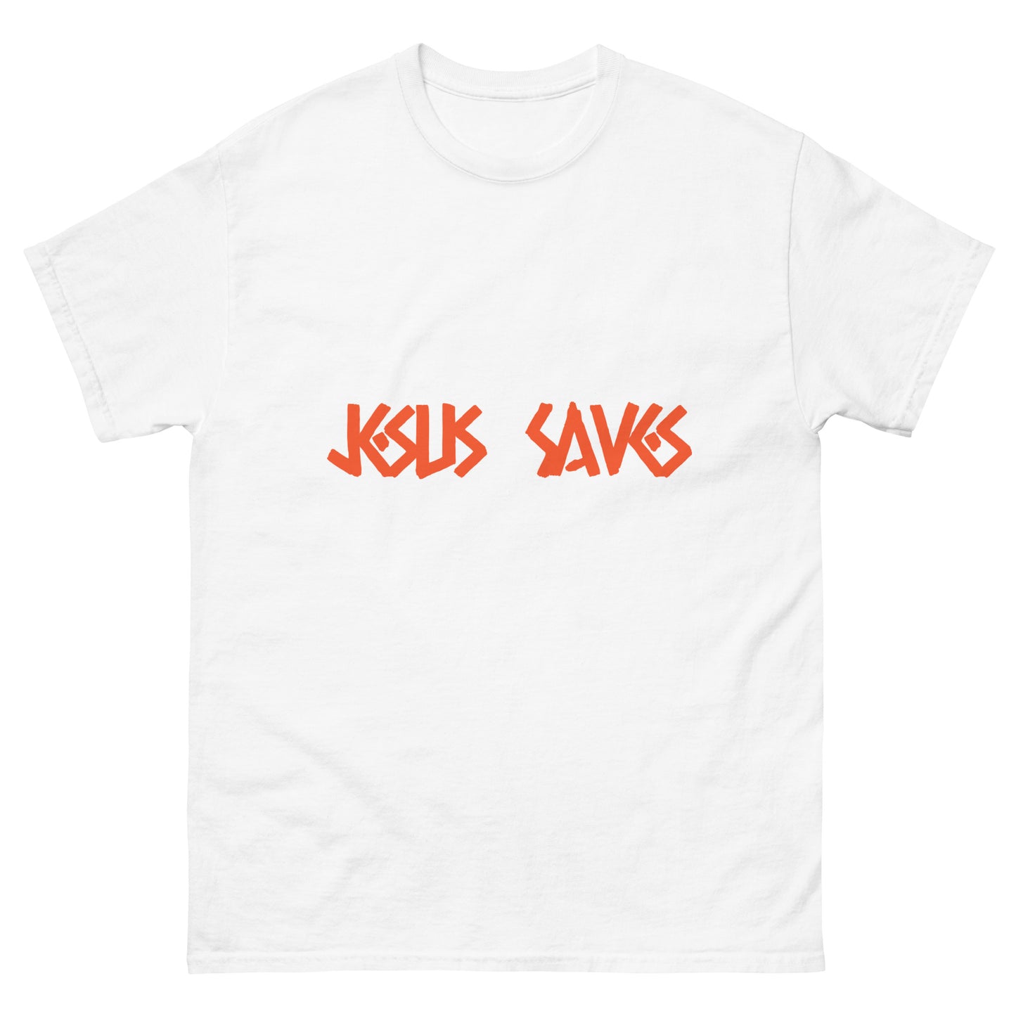 Men's Classic Tee: "Jesus Saves" in Orange print Caessar Dressing Font