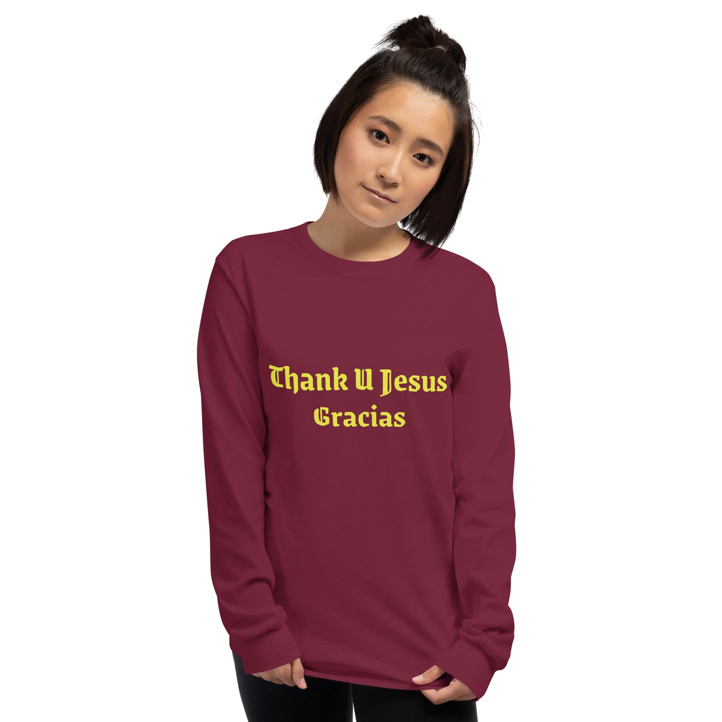 Men and Women Long Sleeve Sweatshirt | Thank U Jesus | Gracias in Light Gold print.