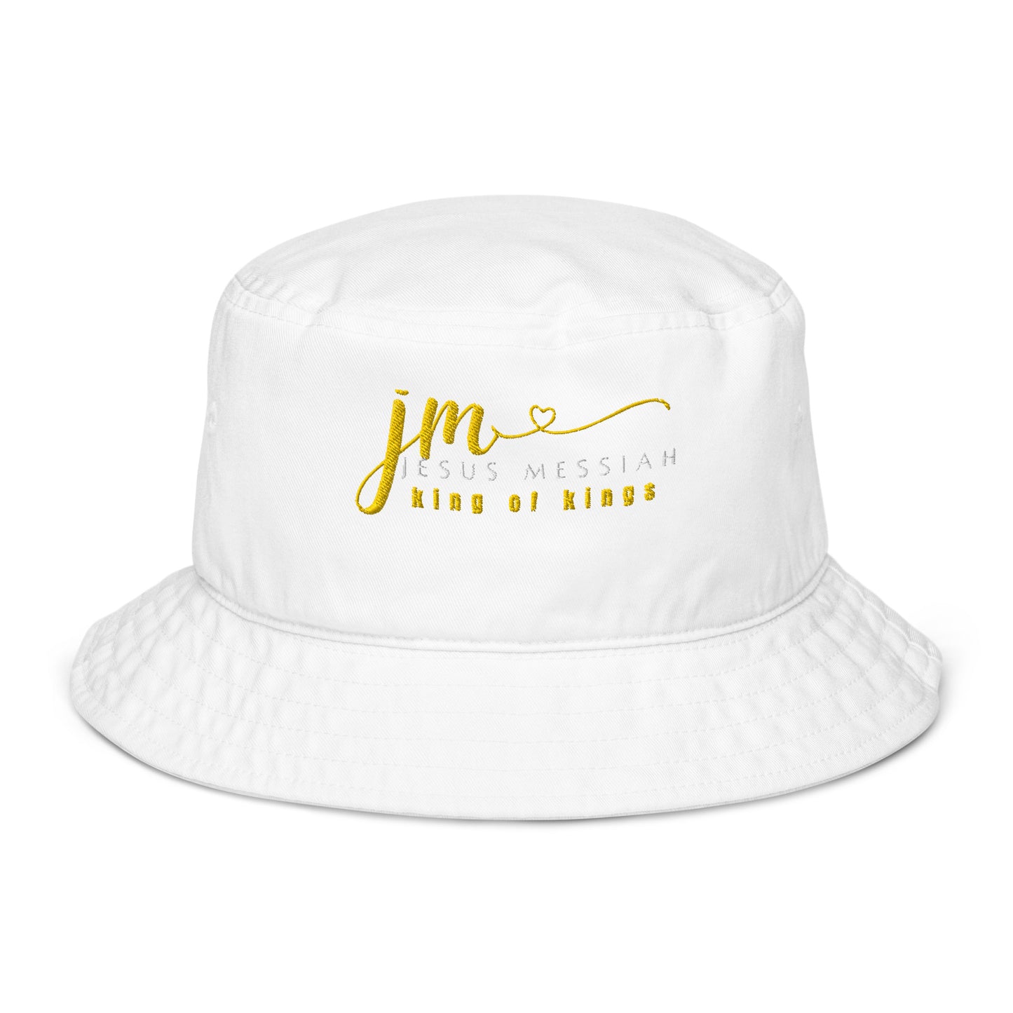 Organic Bucket Hat: "JM-Jesus Messiah" in Gold script