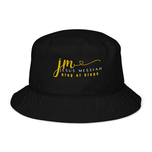 Organic Bucket Hat: "JM-Jesus Messiah" in Gold script