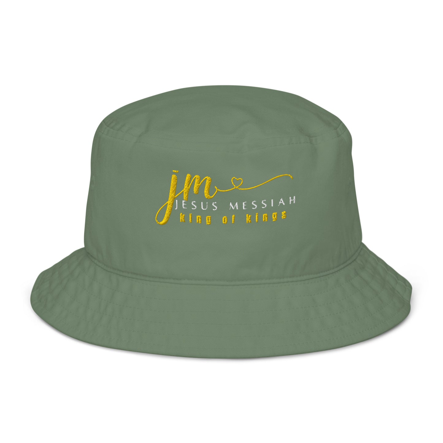 Organic Bucket Hat: "JM-Jesus Messiah" in Gold script