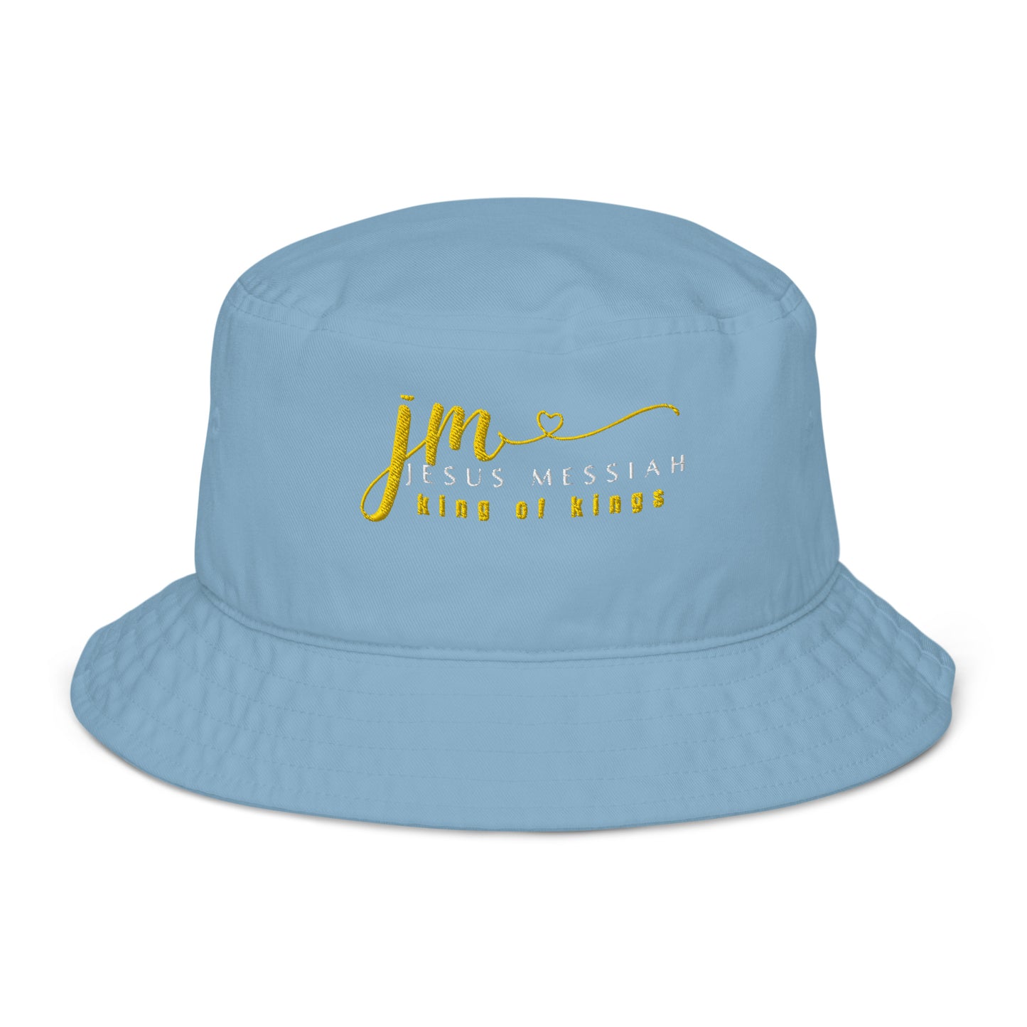 Organic Bucket Hat: "JM-Jesus Messiah" in Gold script