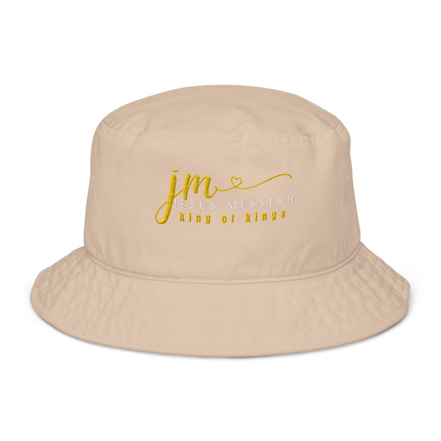 Organic Bucket Hat: "JM-Jesus Messiah" in Gold script