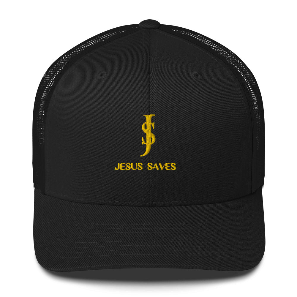 Trucker Cap Mesh-back: "JS- Jesus Saves" in Gold script