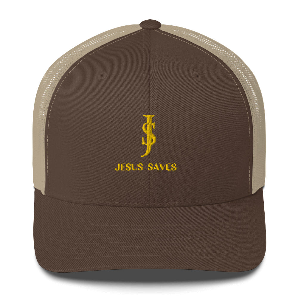 Trucker Cap Mesh-back: "JS- Jesus Saves" in Gold script