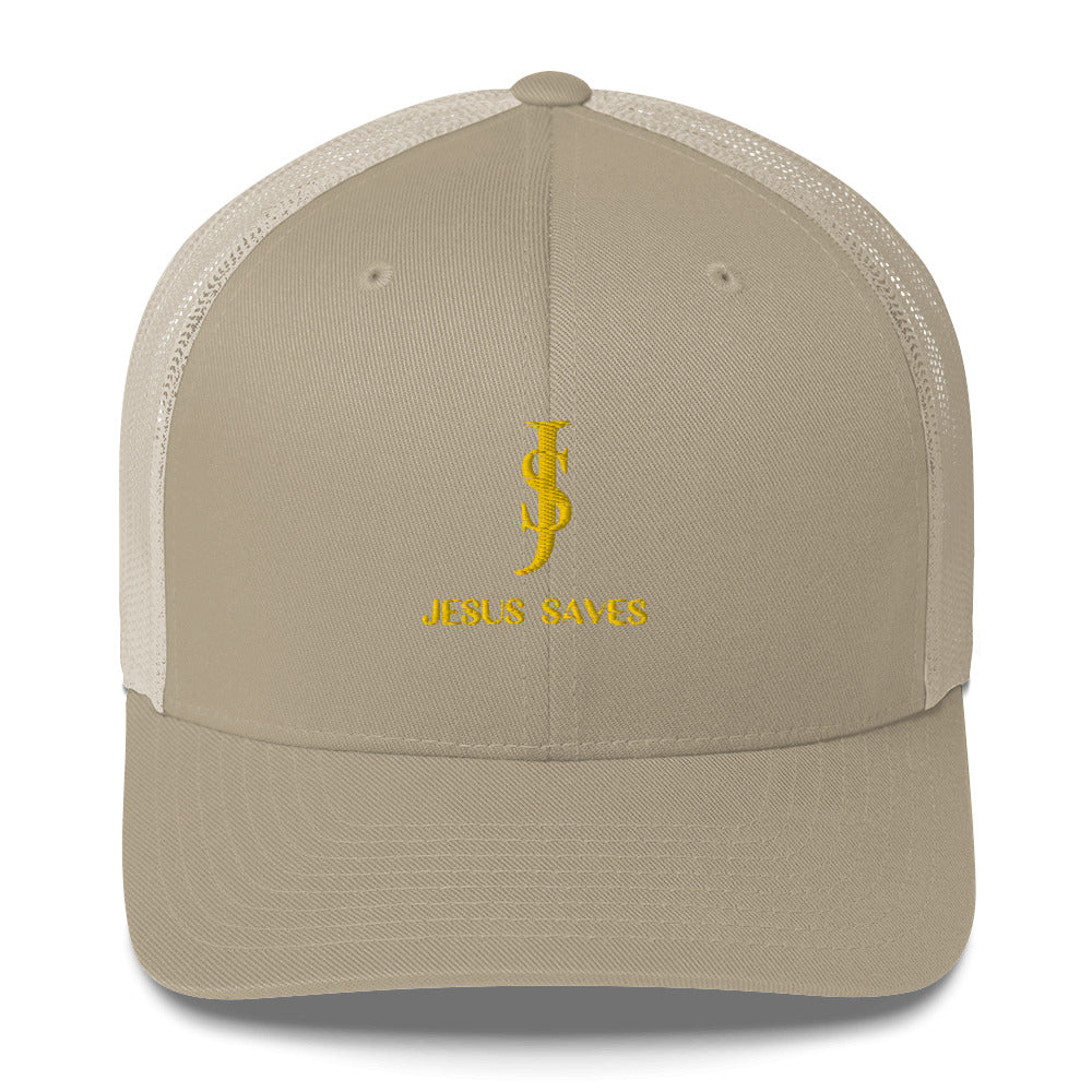 Trucker Cap Mesh-back: "JS- Jesus Saves" in Gold script