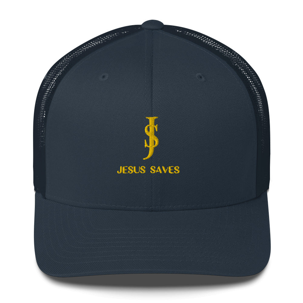 Trucker Cap Mesh-back: "JS- Jesus Saves" in Gold script