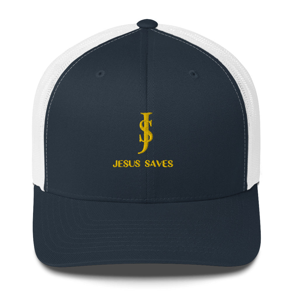 Trucker Cap Mesh-back: "JS- Jesus Saves" in Gold script