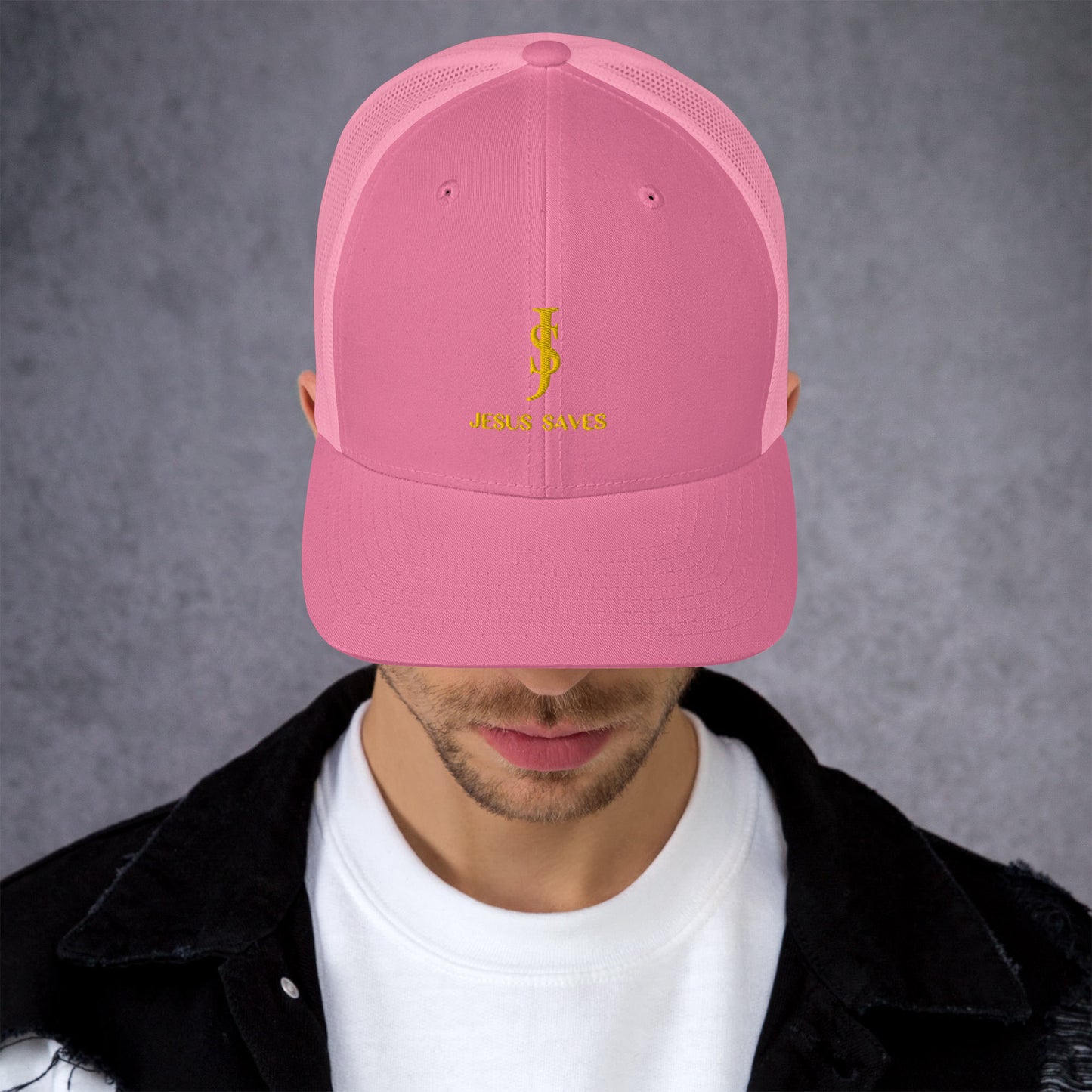 Trucker Cap Mesh-back: "JS- Jesus Saves" in Gold script