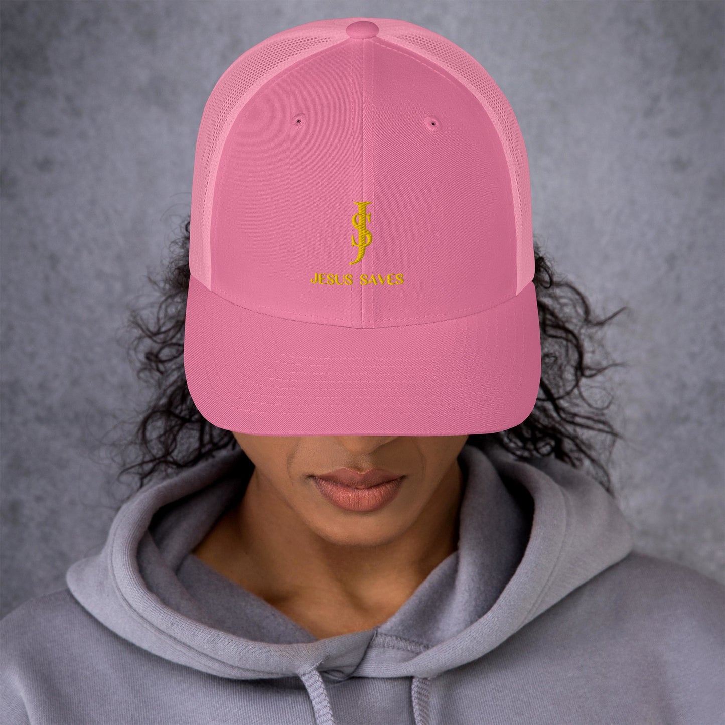 Trucker Cap Mesh-back: "JS- Jesus Saves" in Gold script