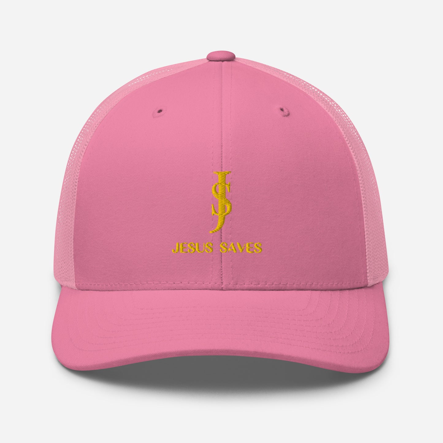 Trucker Cap Mesh-back: "JS- Jesus Saves" in Gold script