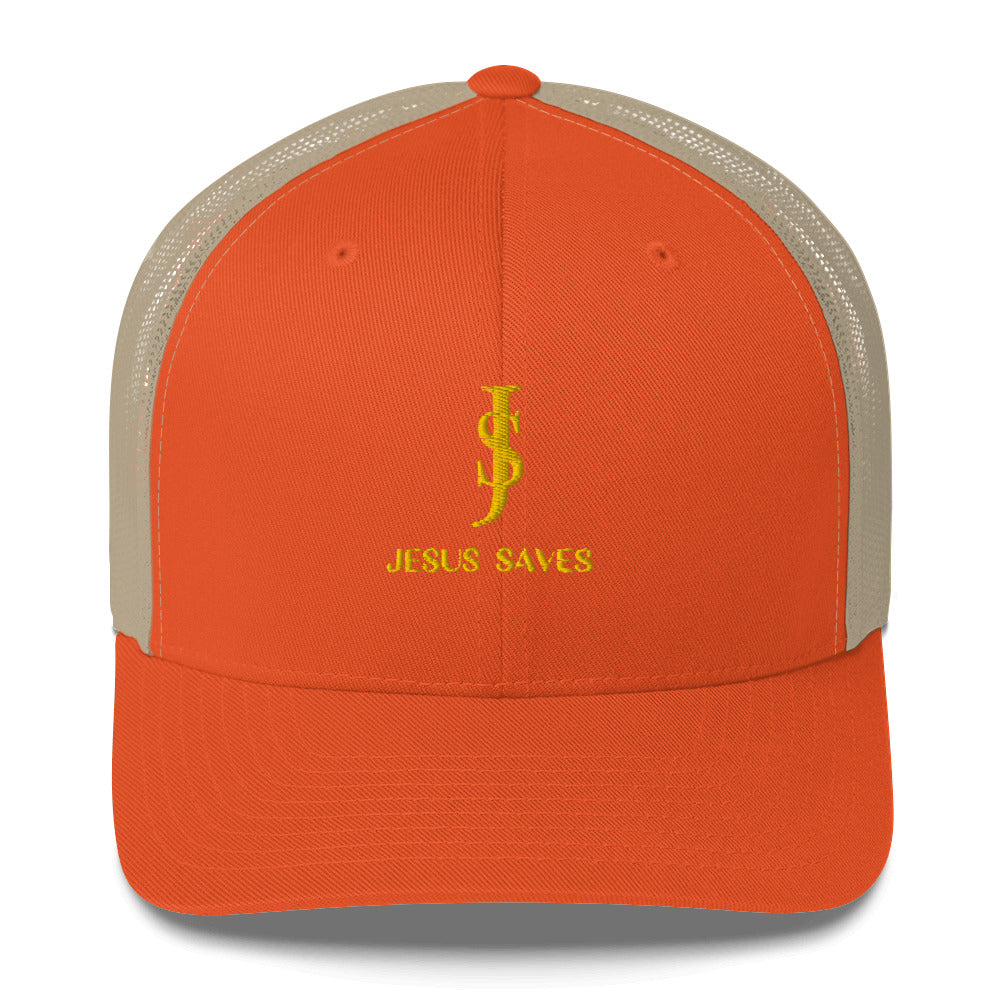 Trucker Cap Mesh-back: "JS- Jesus Saves" in Gold script