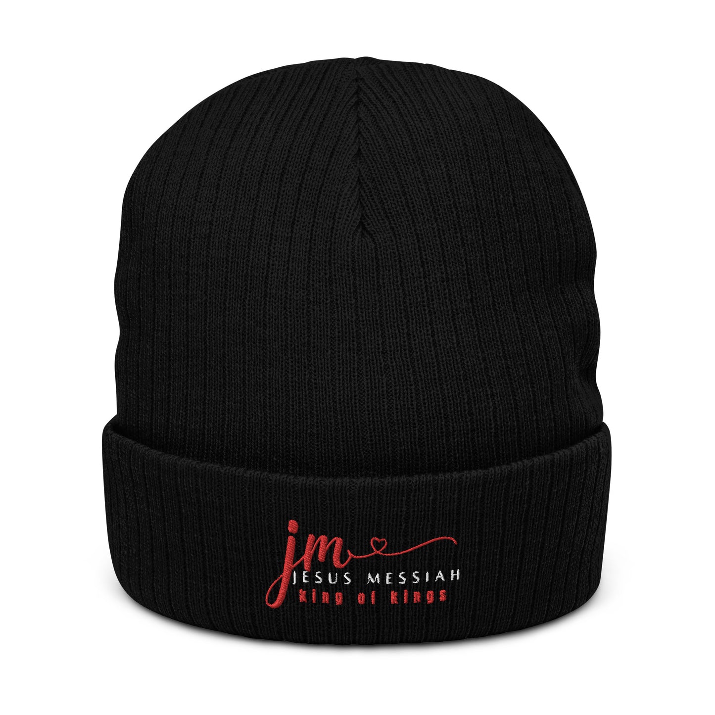 Ribbed Knit Beanie | JM-Jesus Messiah in Red script