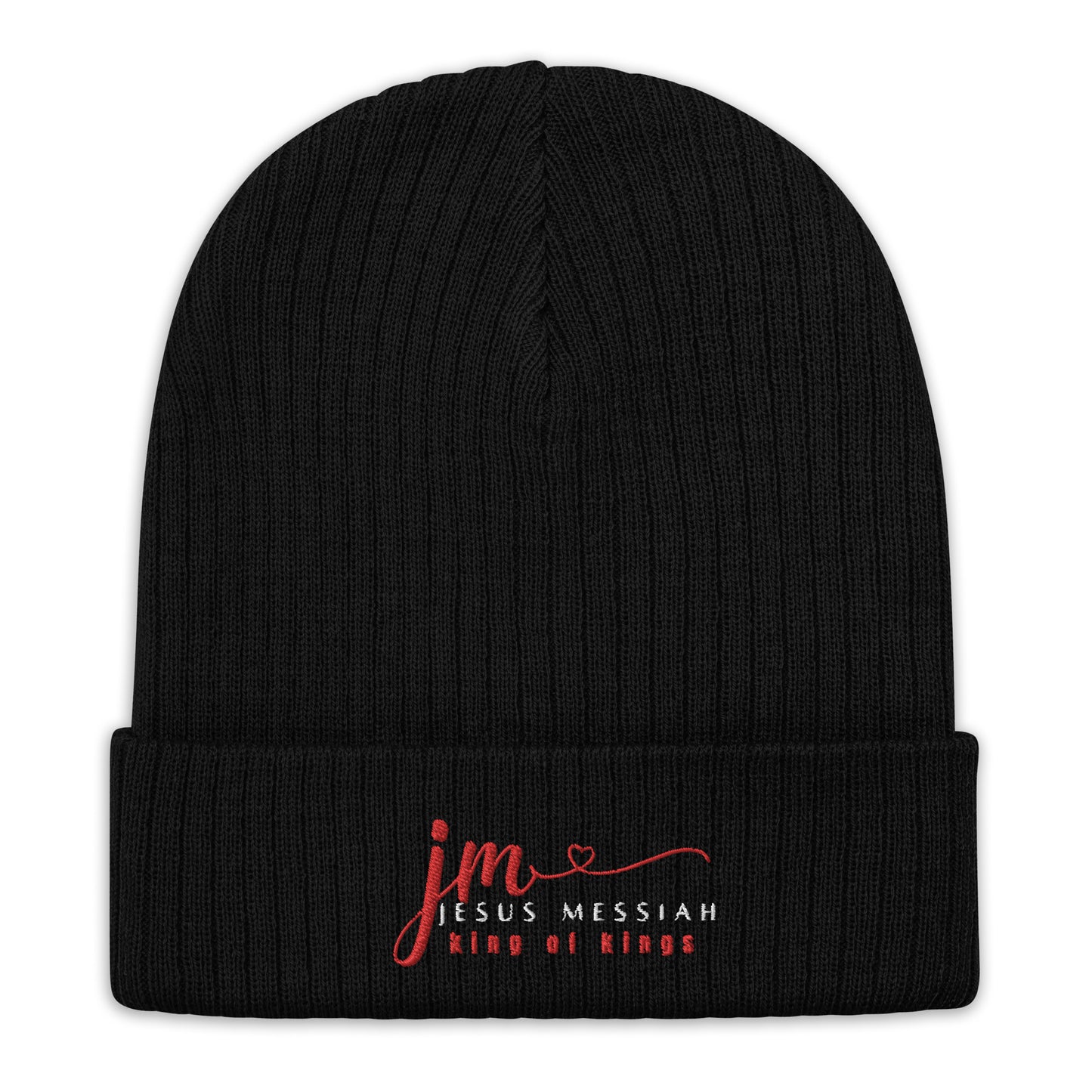 Ribbed Knit Beanie | JM-Jesus Messiah in Red script