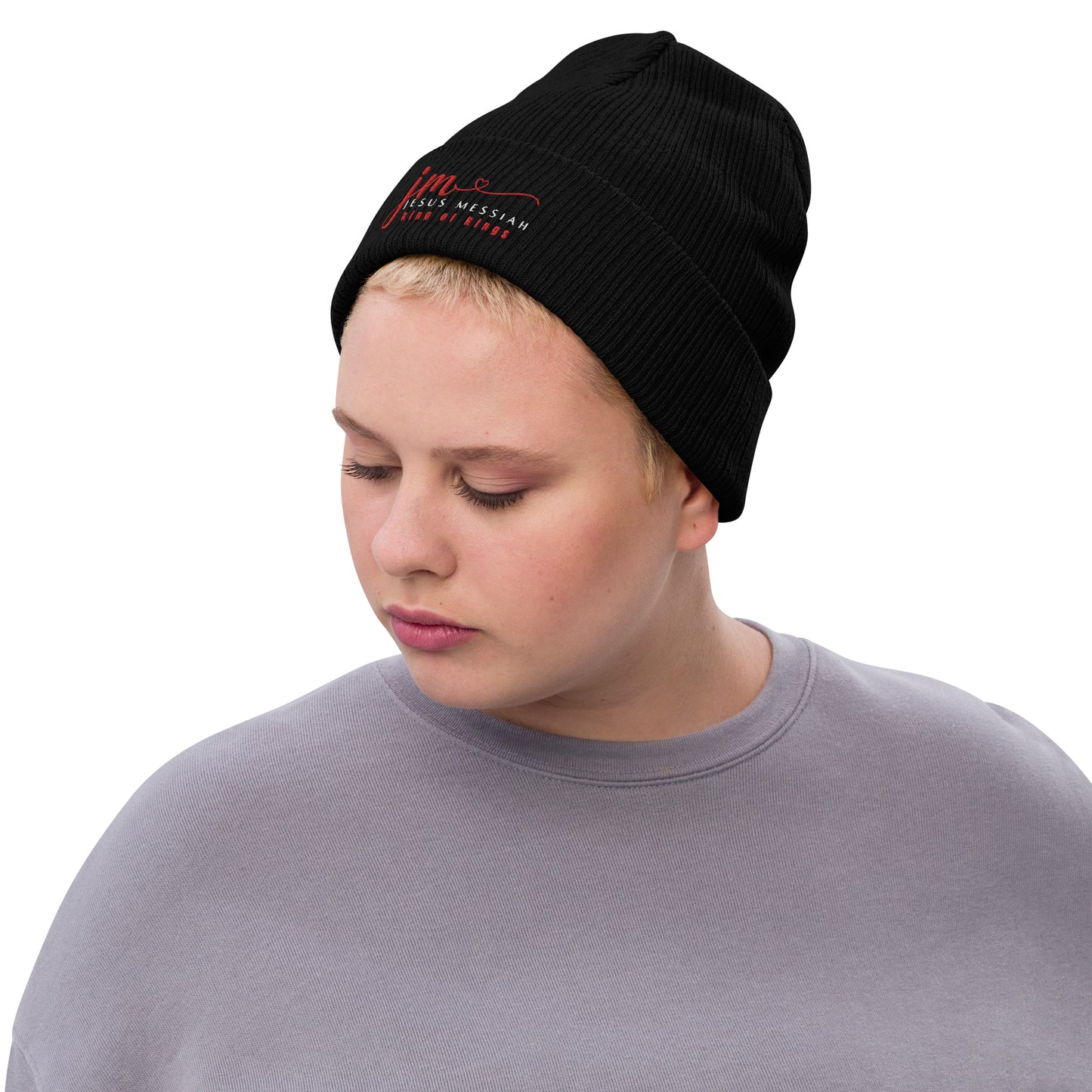 Ribbed Knit Beanie | JM-Jesus Messiah in Red script