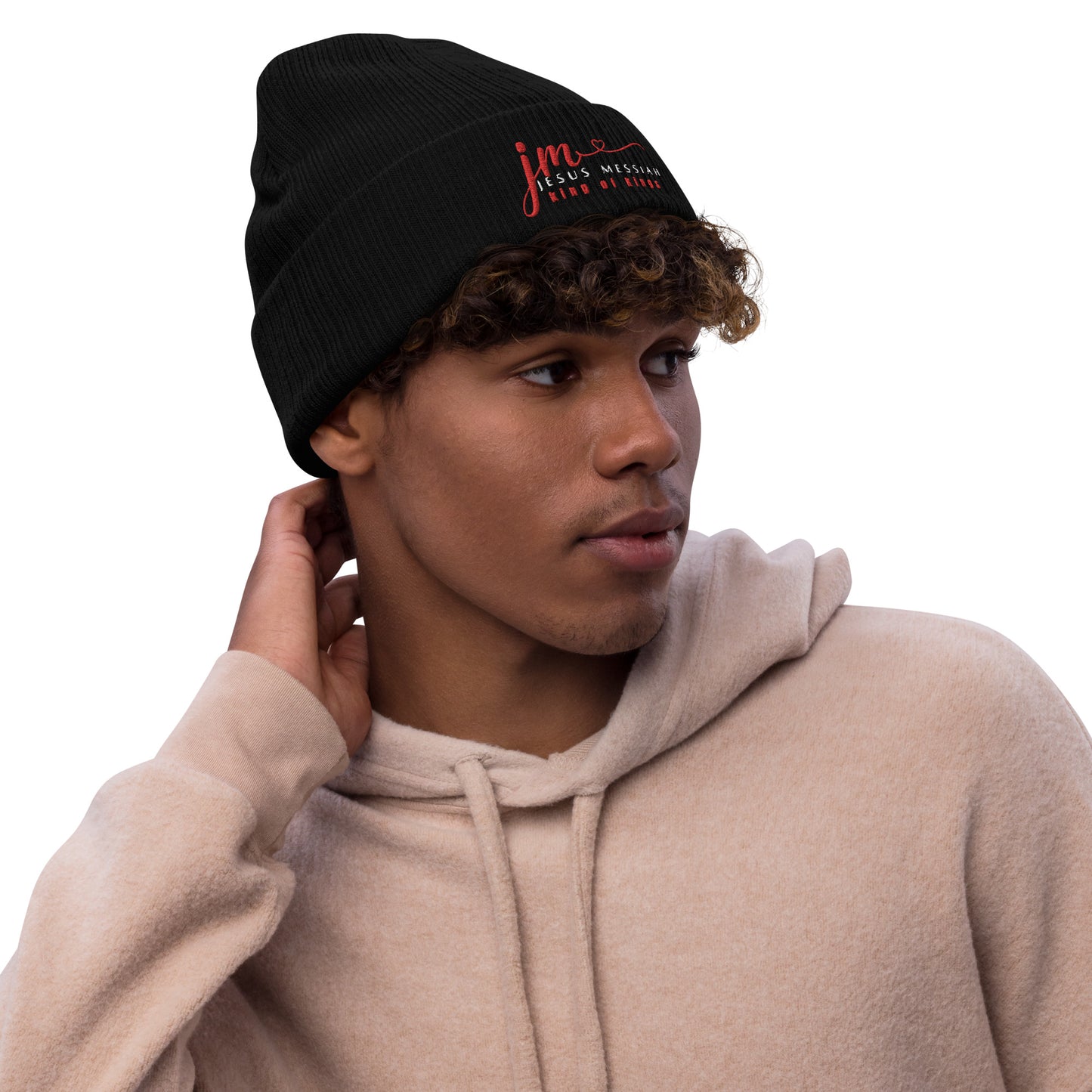 Ribbed Knit Beanie | JM-Jesus Messiah in Red script