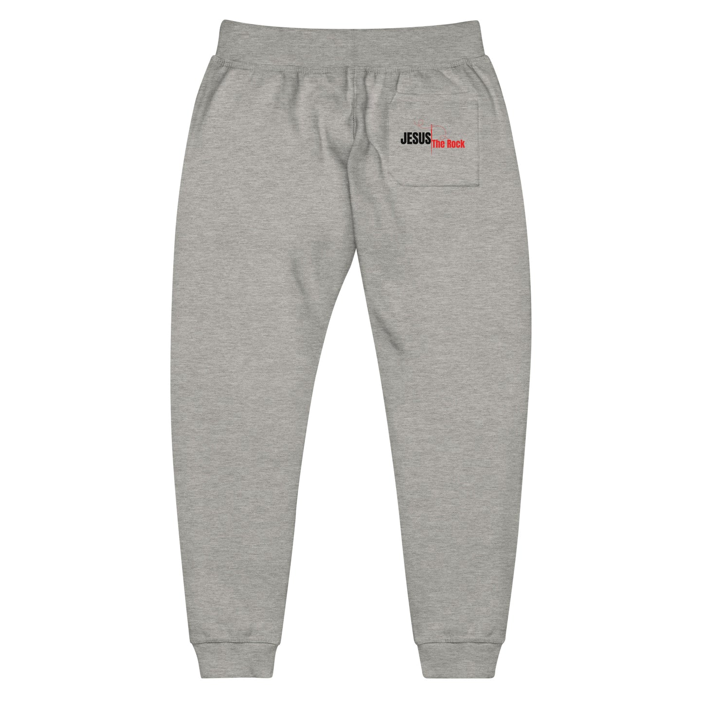 Unisex Fleece Sweatpants: "Jesus the Rock" in RB script Back Pocket