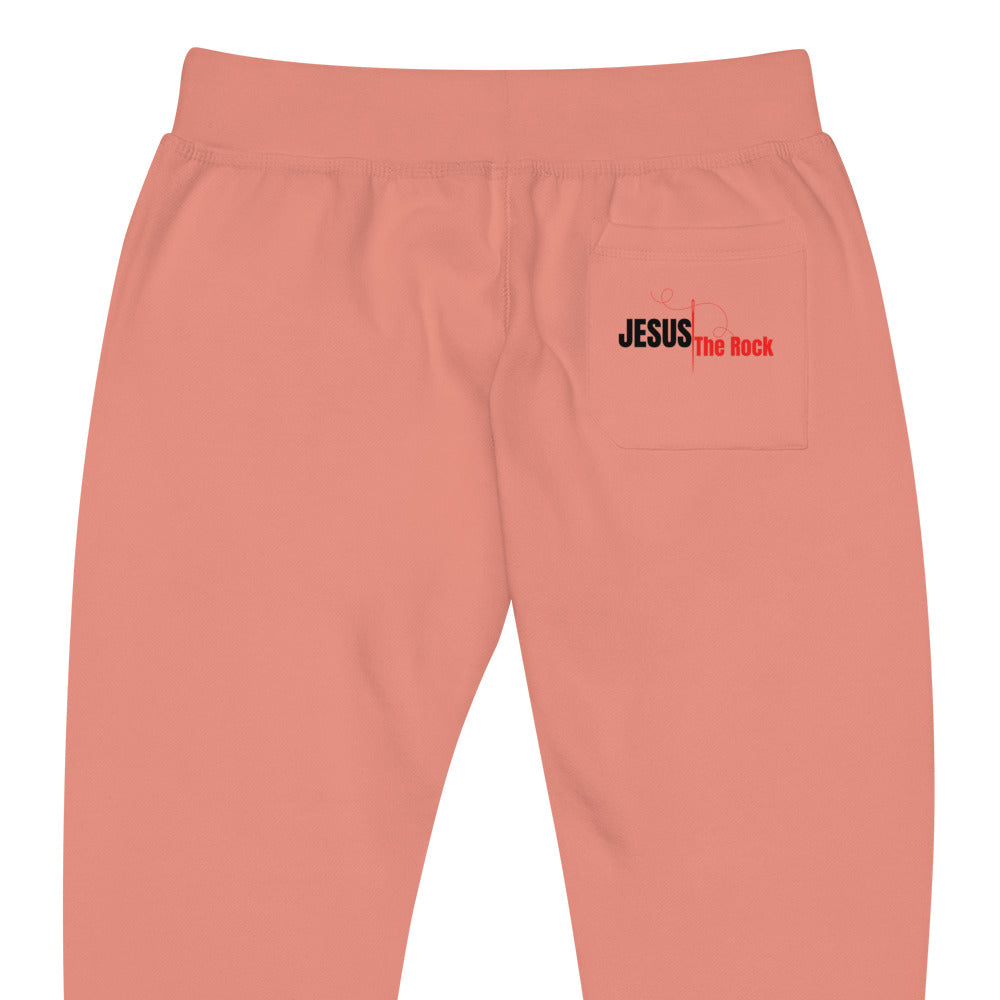 Unisex Fleece Sweatpants: "Jesus the Rock" in RB script Back Pocket