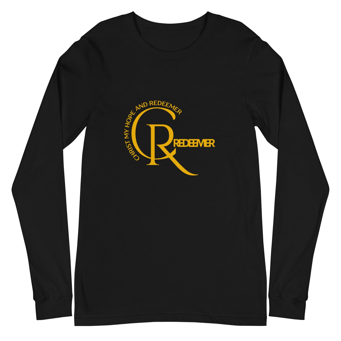 Unisex Long Sleeve Tee: "CR- Christ Redeemer" in Golden script