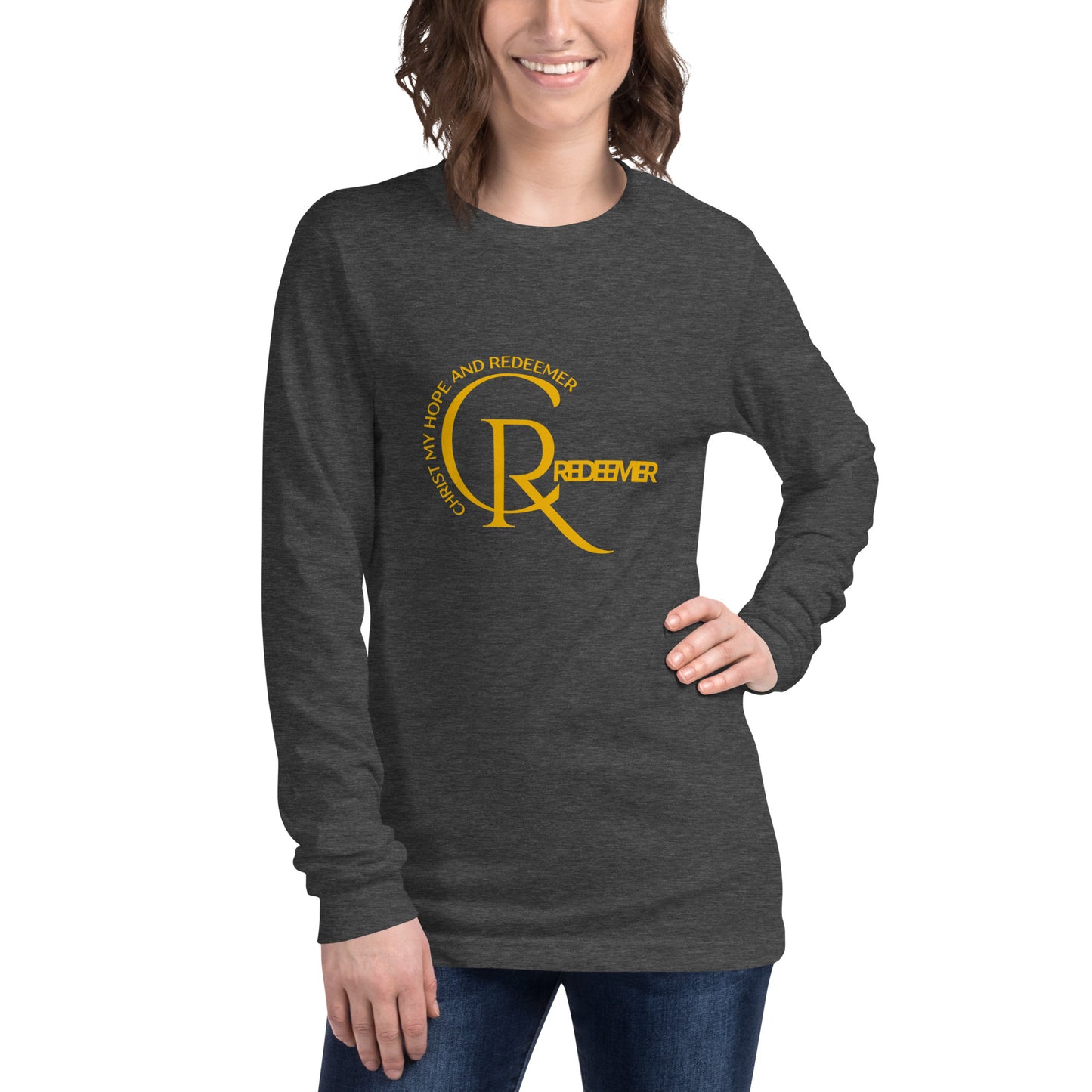 Unisex Long Sleeve Tee: "CR- Christ Redeemer" in Golden script