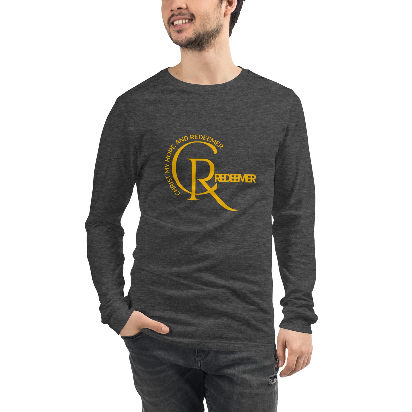 Unisex Long Sleeve Tee: "CR- Christ Redeemer" in Golden script