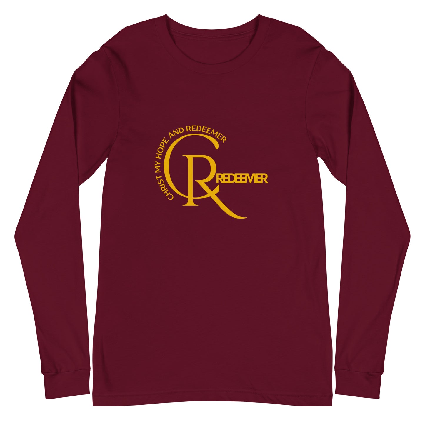 Unisex Long Sleeve Tee: "CR- Christ Redeemer" in Golden script