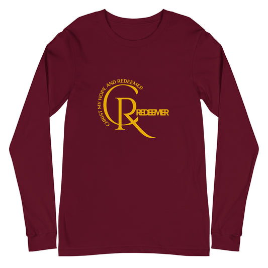 Unisex Long Sleeve Tee: "CR- Christ Redeemer" in Golden script