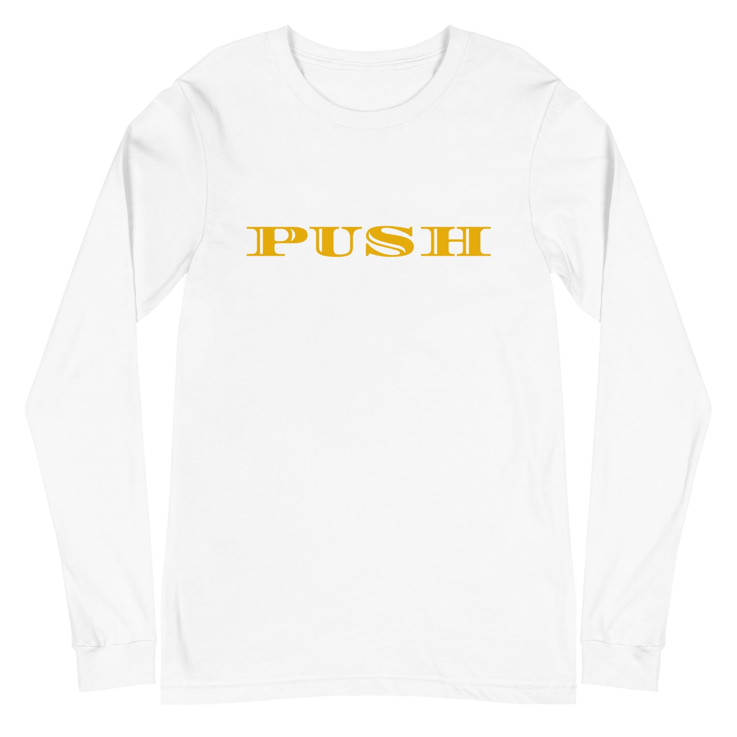 Unisex Long Sleeve Tee: "PUSH-Pray Until Something Happens" in Gold script