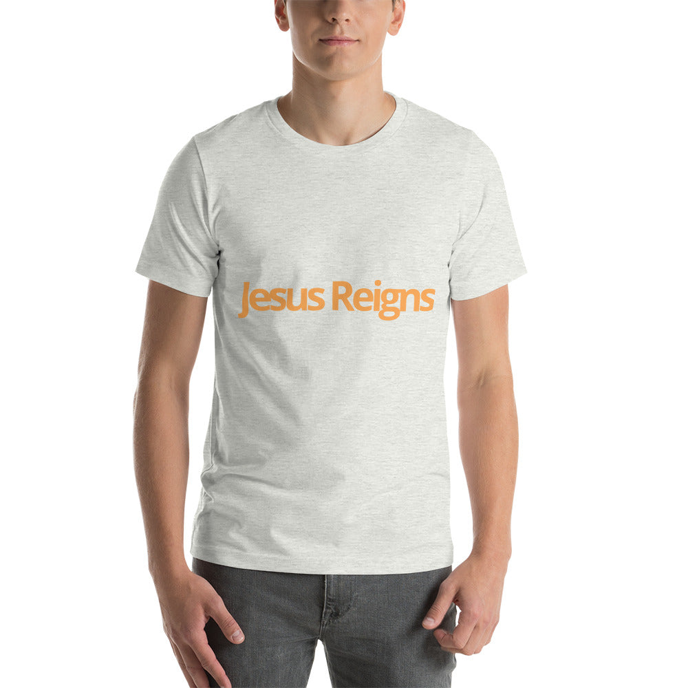 Unisex Soft and Flattering T-shirt : "Jesus Reigns" in blended Yellow and Gold print