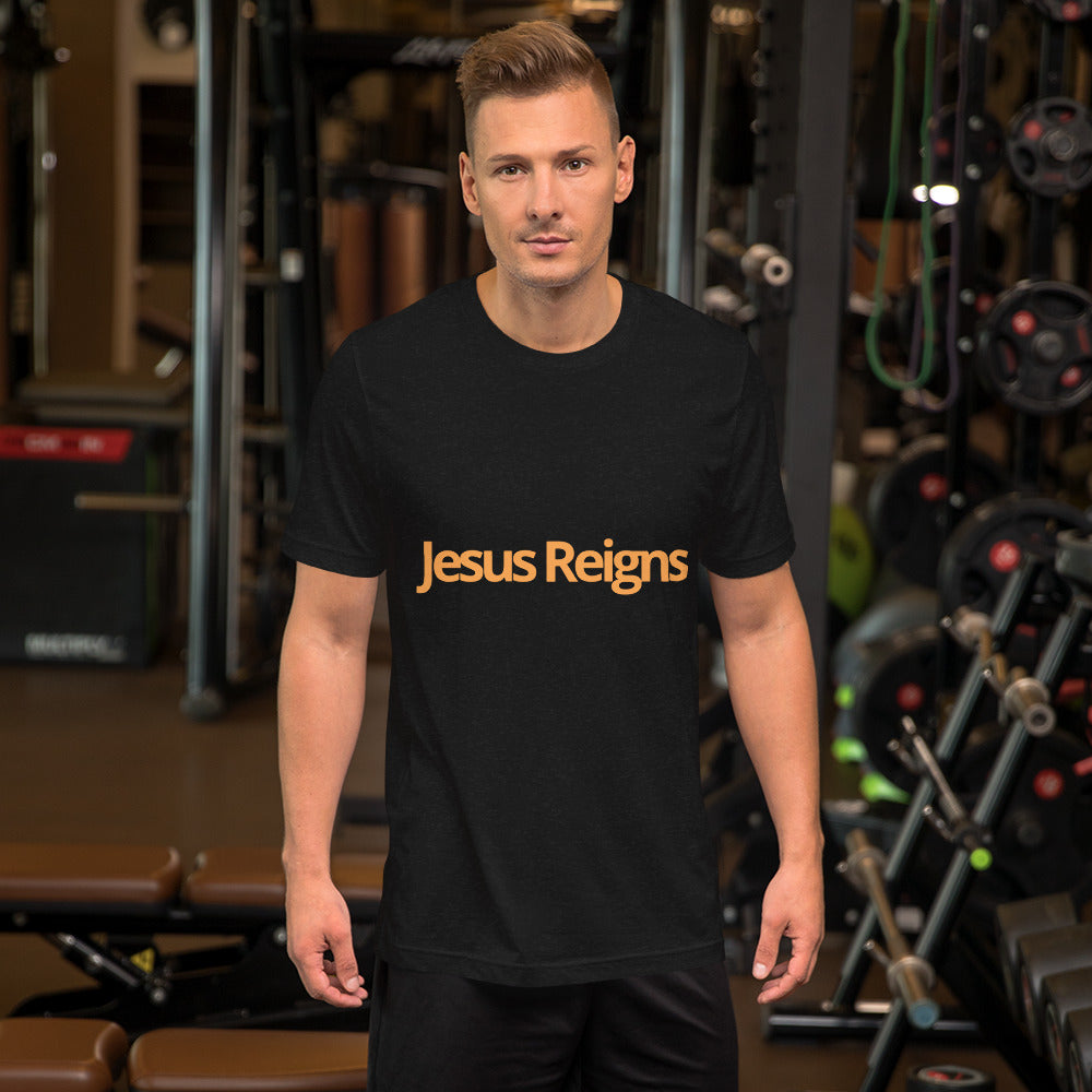 Unisex Soft and Flattering T-shirt : "Jesus Reigns" in blended Yellow and Gold print