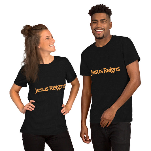 Unisex Soft and Flattering T-shirt : "Jesus Reigns" in blended Yellow and Gold print