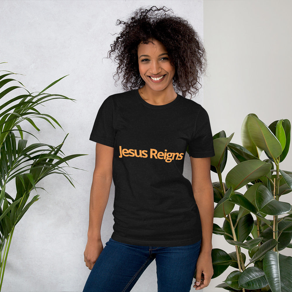 Unisex Soft and Flattering T-shirt : "Jesus Reigns" in blended Yellow and Gold print