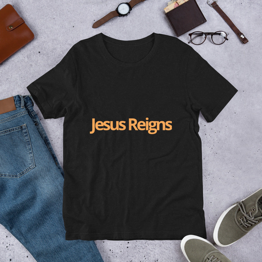 Unisex Soft and Flattering T-shirt : "Jesus Reigns" in blended Yellow and Gold print