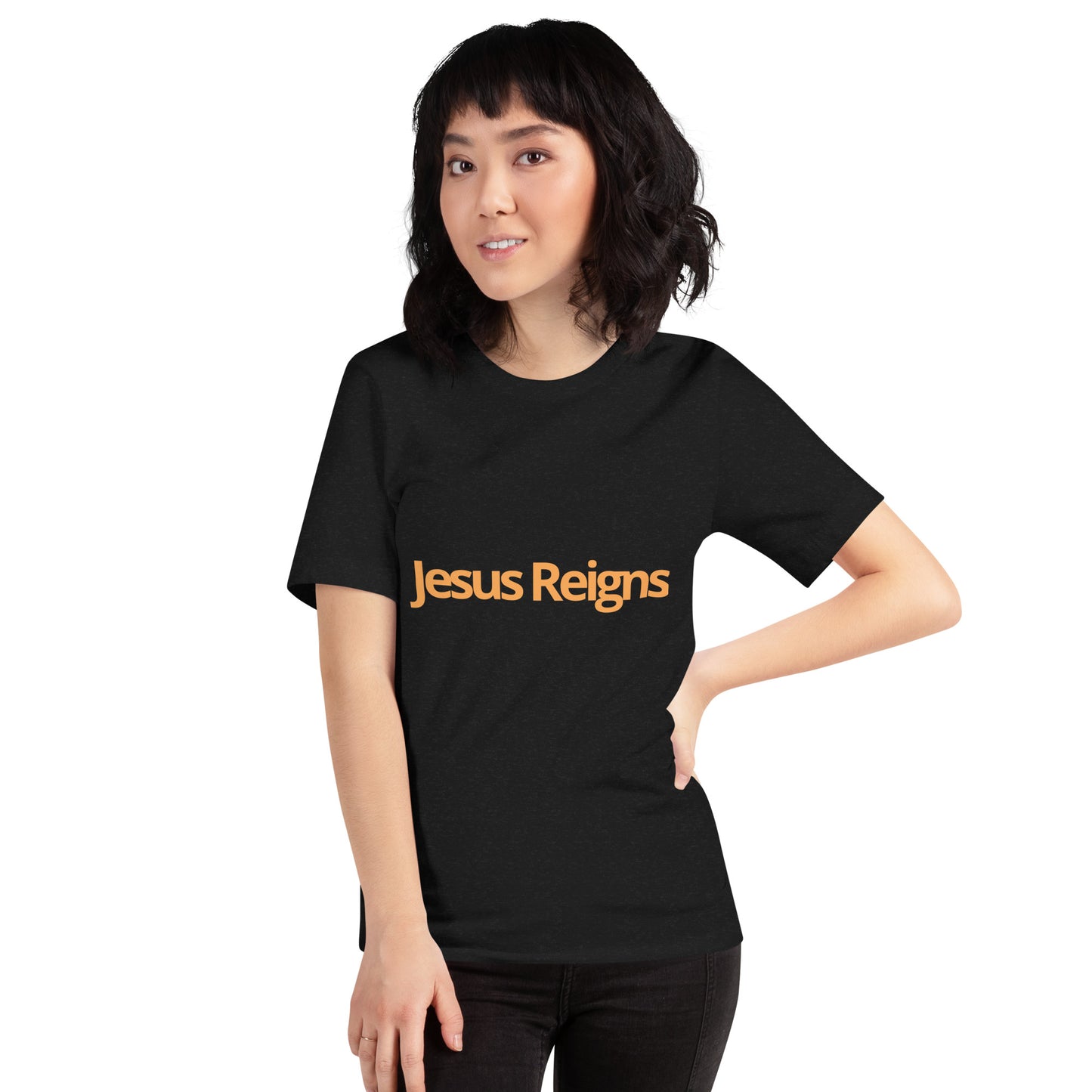 Unisex Soft and Flattering T-shirt : "Jesus Reigns" in blended Yellow and Gold print