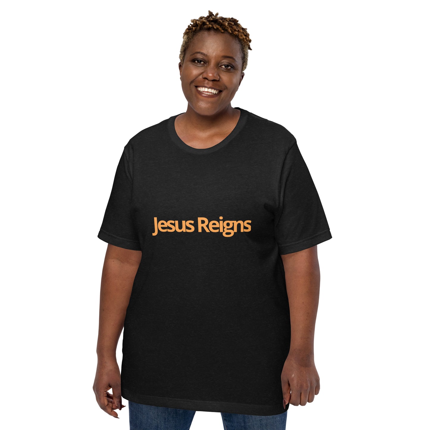 Unisex Soft and Flattering T-shirt : "Jesus Reigns" in blended Yellow and Gold print