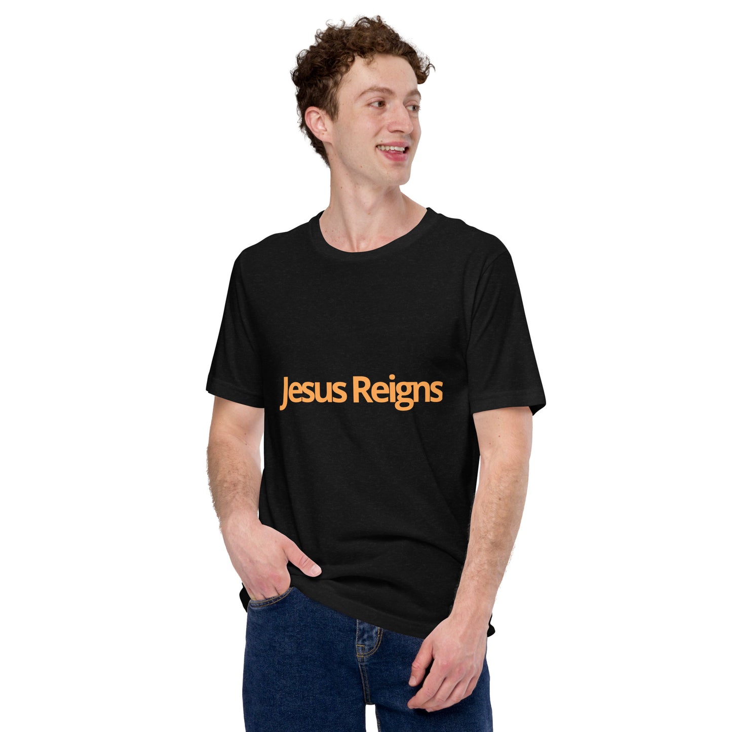 Unisex Soft and Flattering T-shirt : "Jesus Reigns" in blended Yellow and Gold print