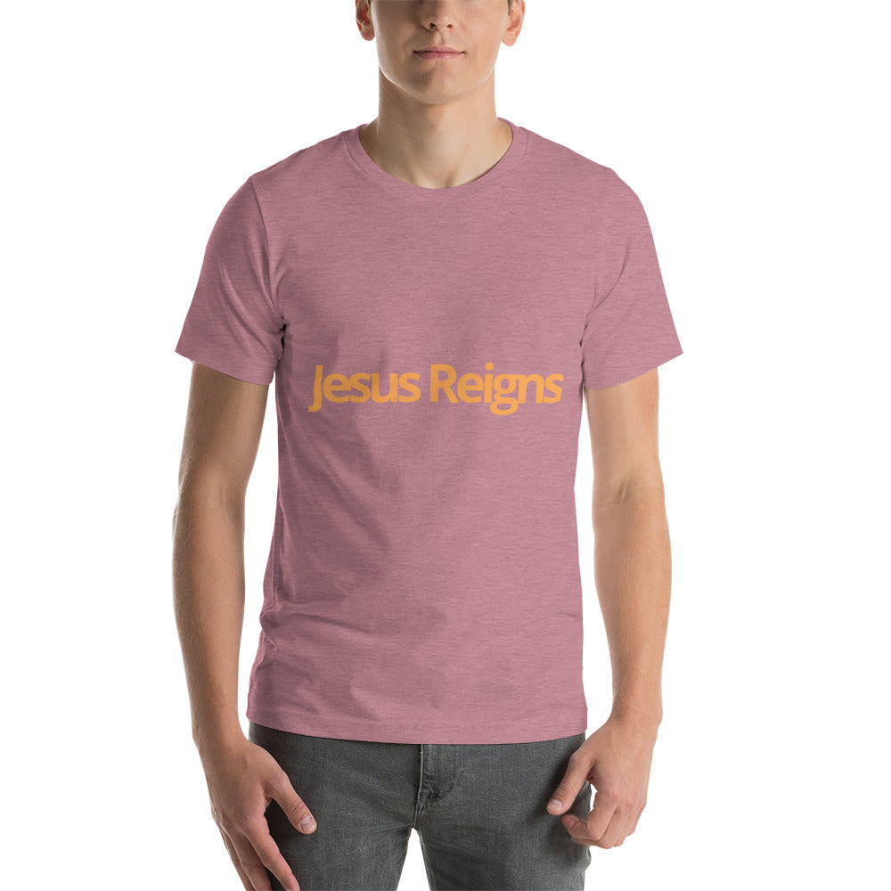 Unisex Soft and Flattering T-shirt : "Jesus Reigns" in blended Yellow and Gold print