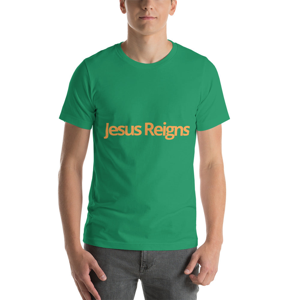 Unisex Soft and Flattering T-shirt : "Jesus Reigns" in blended Yellow and Gold print