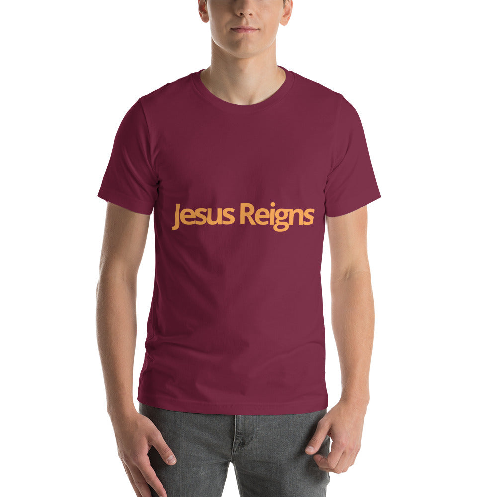 Unisex Soft and Flattering T-shirt : "Jesus Reigns" in blended Yellow and Gold print