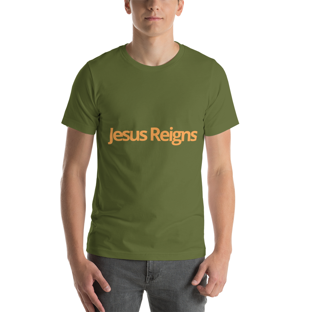 Unisex Soft and Flattering T-shirt : "Jesus Reigns" in blended Yellow and Gold print