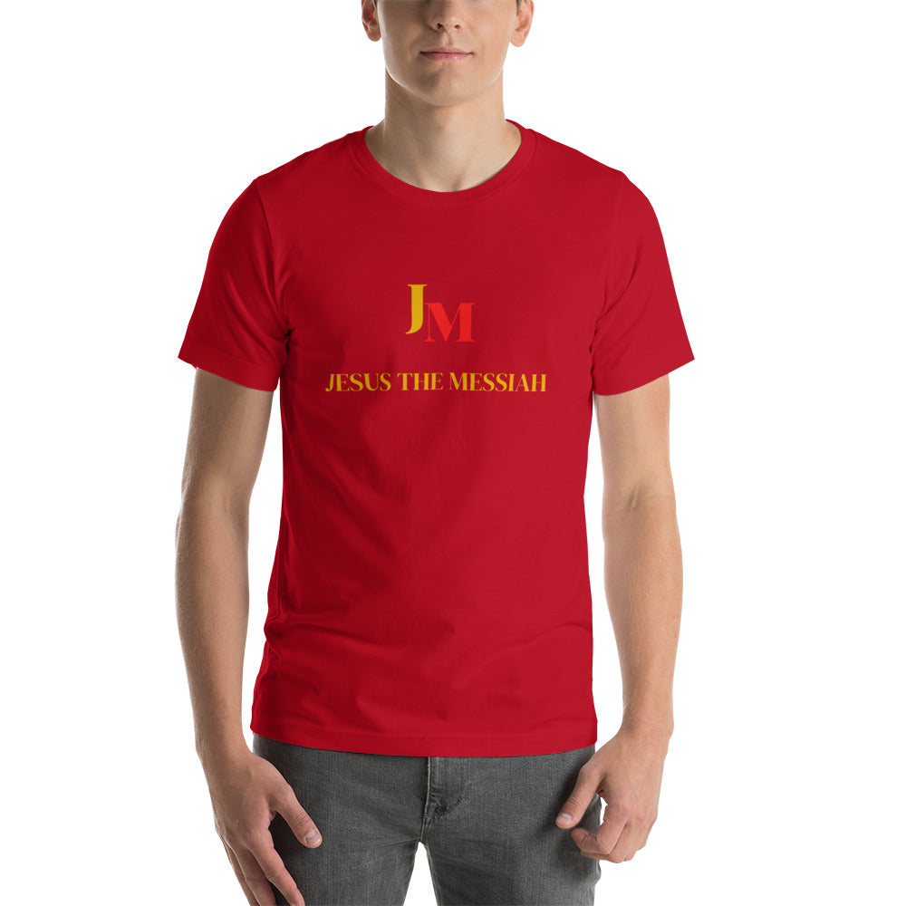 Unisex T-shirt Pre-shrunk "JM- Jesus Messiah" in Gold Red print