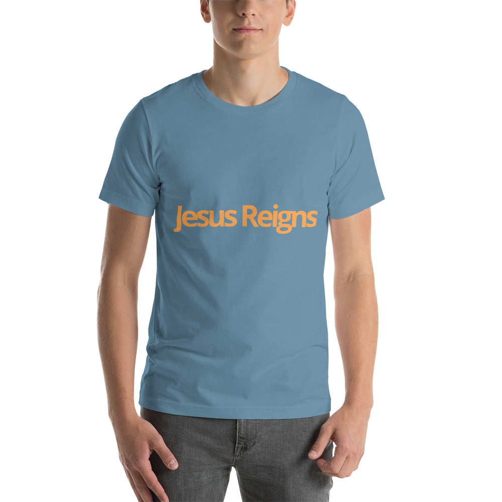 Unisex Soft and Flattering T-shirt : "Jesus Reigns" in blended Yellow and Gold print