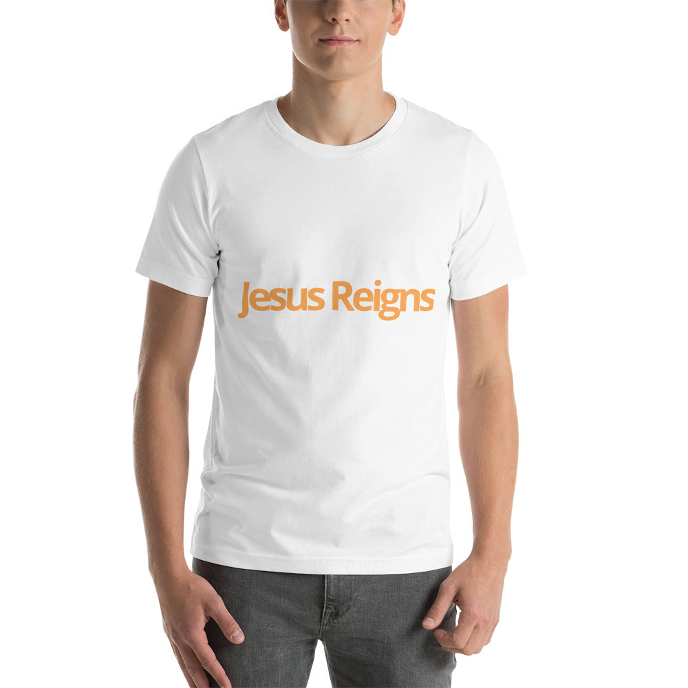 Unisex Soft and Flattering T-shirt : "Jesus Reigns" in blended Yellow and Gold print