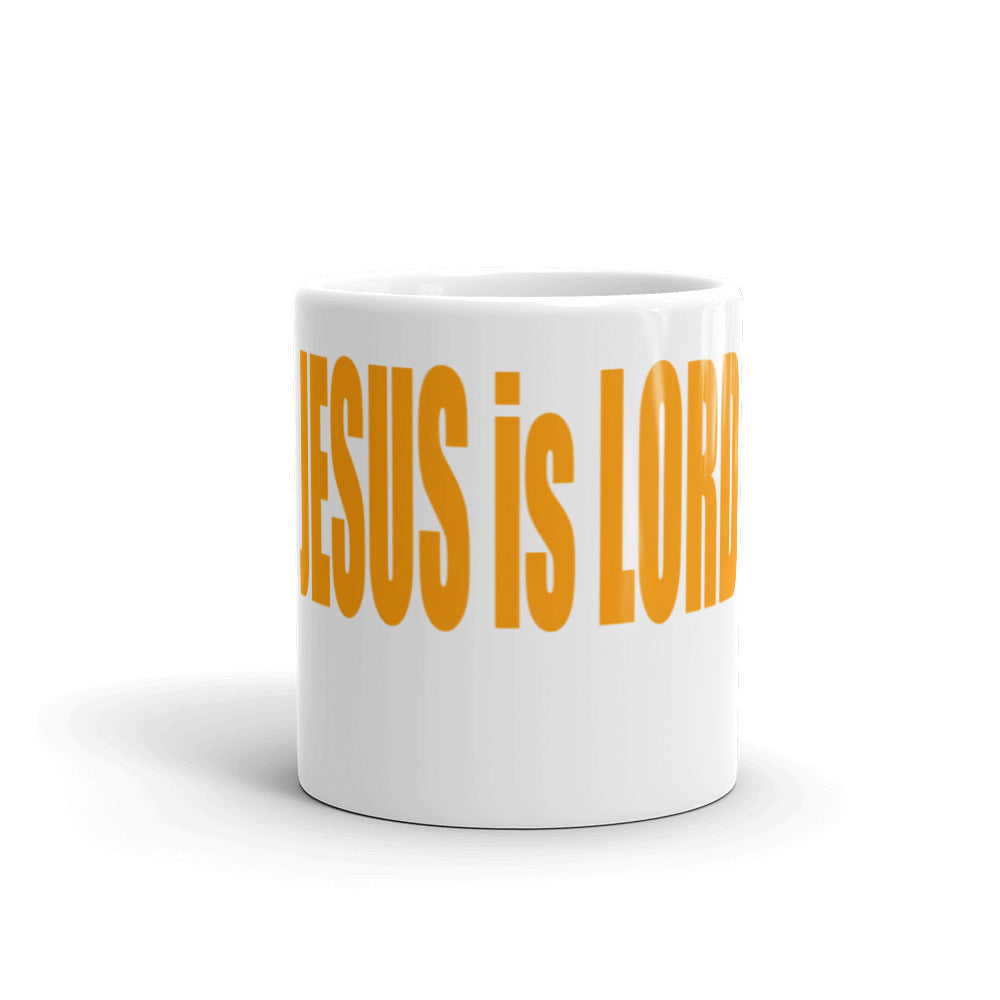 White Glossy Mug 11oz: "Jesus is Lord" in Orange Print