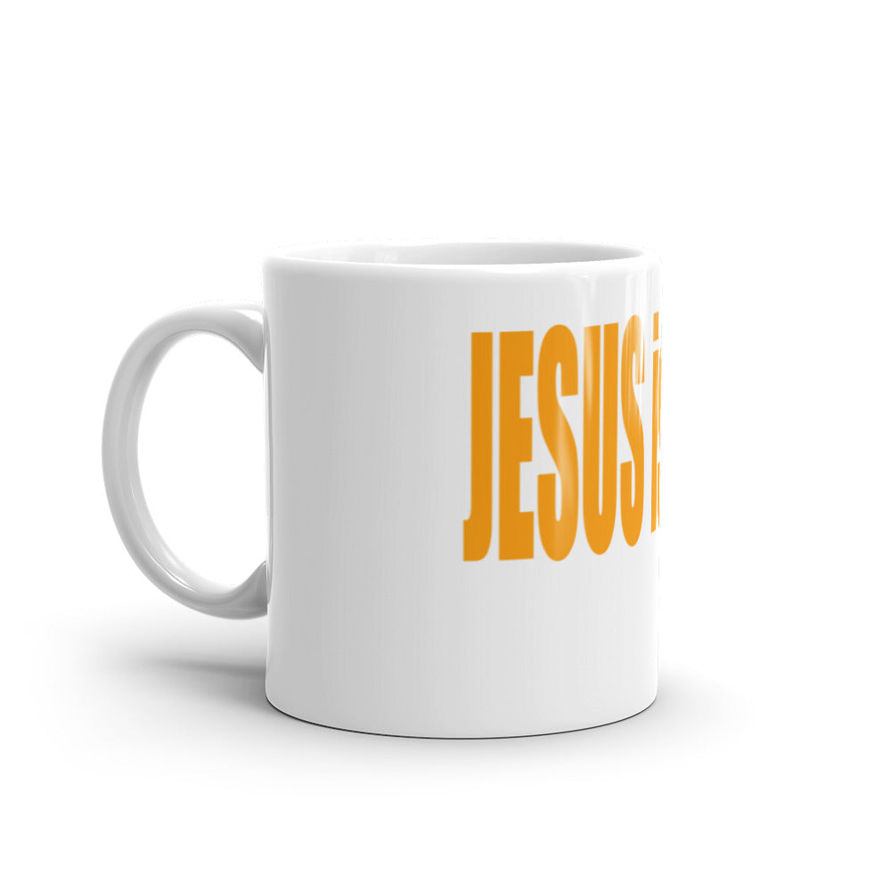 White Glossy Mug 11oz: "Jesus is Lord" in Orange Print