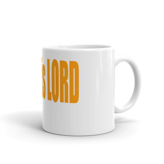 White Glossy Mug 11oz: "Jesus is Lord" in Orange Print