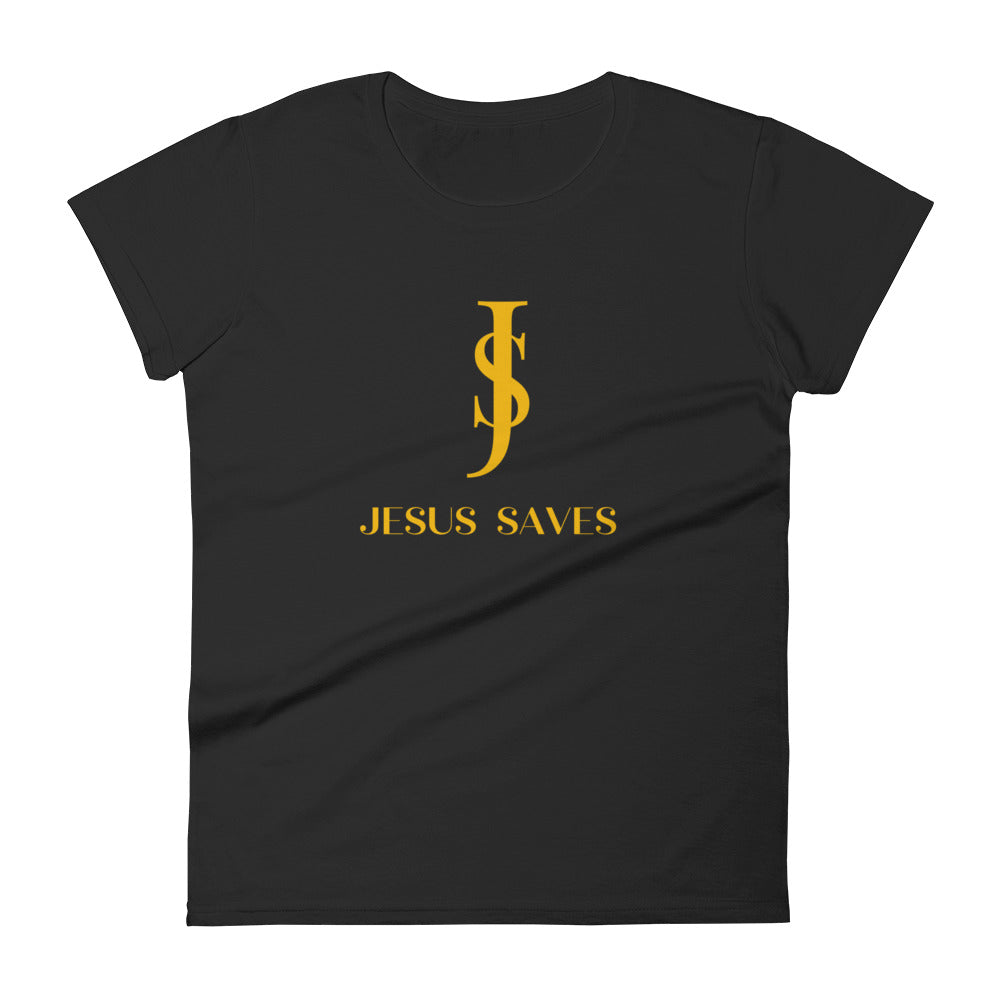 Women's Short Sleeve T-shirt: "Jesus Saves" in Gold script